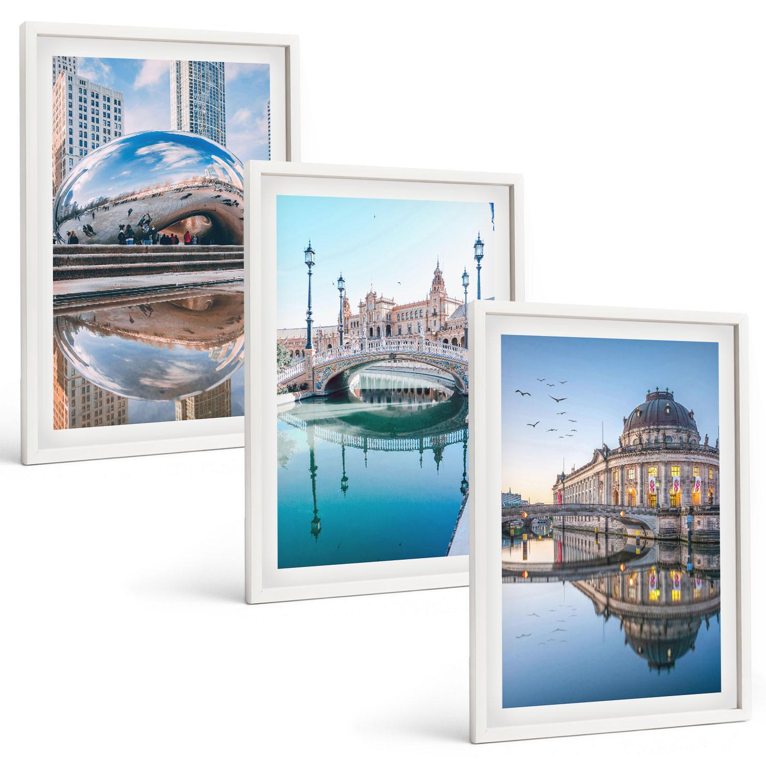 BILDER SET 3er Set - 40x60 cm Weißer Rahmen - Architektur von Städten am Wasser - Weiß, Kunststoff (40/60cm) - TULUP
