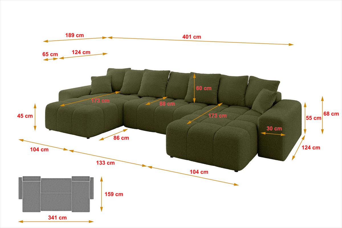 WOHNLANDSCHAFT ENIL-U 401x189x68 Grün Bouclé - Grün, Holzwerkstoff/Kunststoff (401/68/189cm) - ALTDECOR