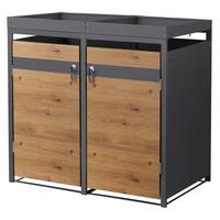 MÜLLTONNENBOX 2er mit Pflanzdach Anthrazit-Holzoptik - Braun, Metall (132/124/80cm) - ML-DESIGN