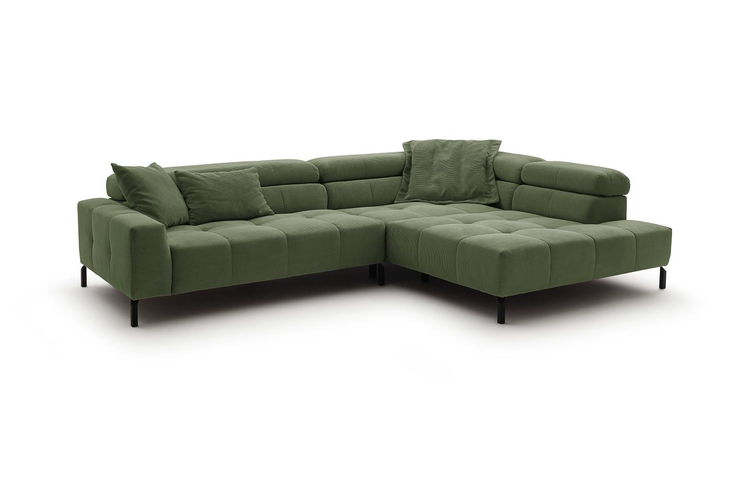 ECKSOFA MIT MOTORISCHEM SITZVORZUG OHIO Grün Cord Relaxfunktion - Schwarz/Olivgrün, Textil/Metall (311/219cm) - KAWOLA