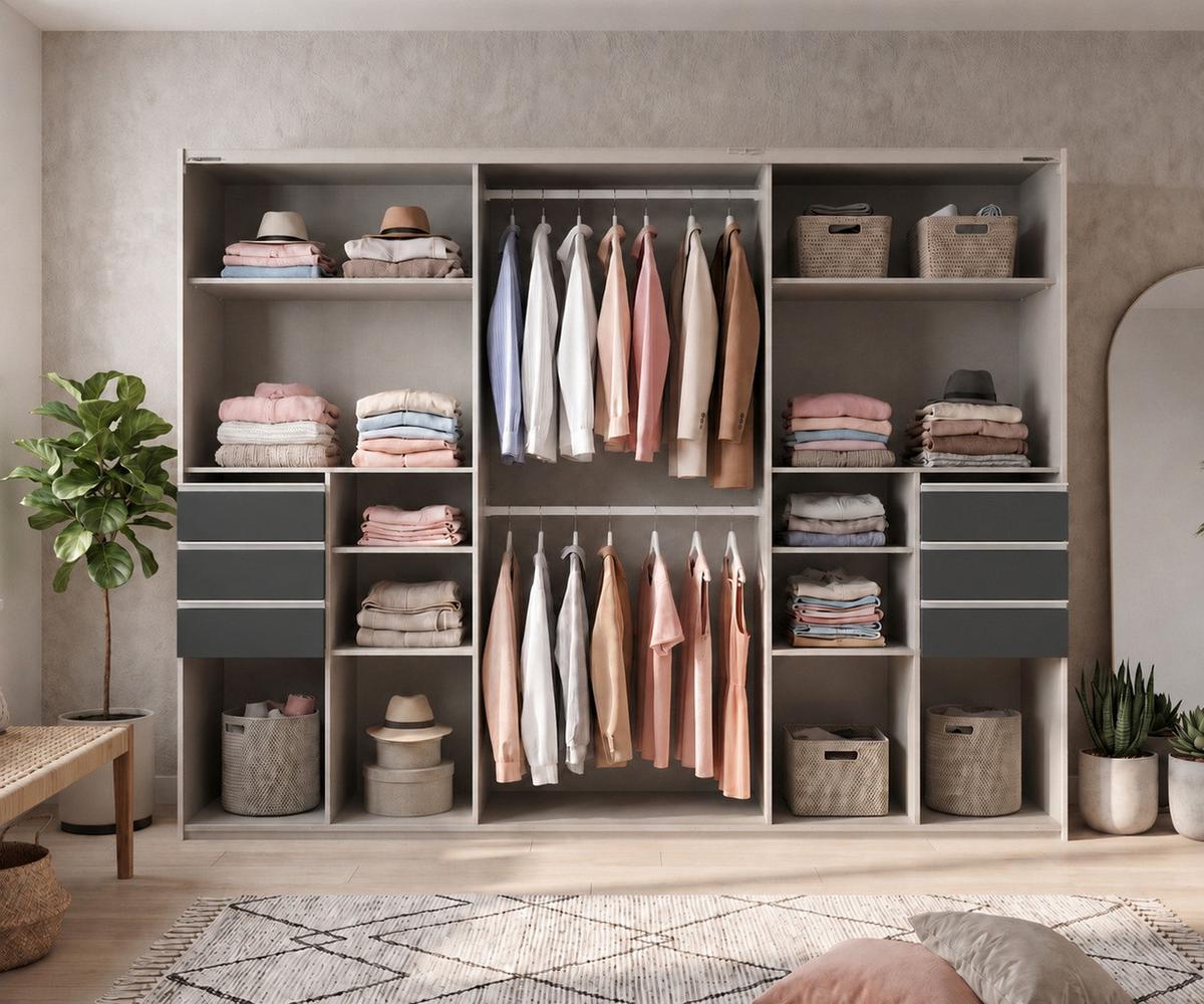 SCHWEBETÜRENSCHRANK 3-türig B273/H213/T64 cm, Eiche Dekor/Glas Grau, Passepartout-Kleiderschrank mit Schubladen in Grafit & Vollausstattung / 22617 - Eichefarben/Alufarben, Holzwerkstoff/Metall (273/213/64cm) - luma-home