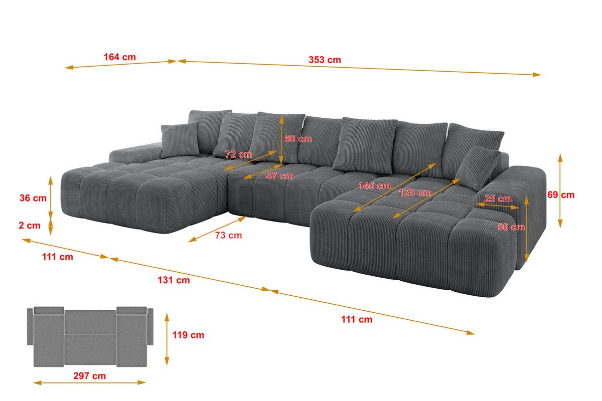 WOHNLANDSCHAFT ENSI-U - 353x164x69 cm Dunkelgrau - Dunkelgrau, Holzwerkstoff/Kunststoff (357/69/164cm) - ALTDECOR