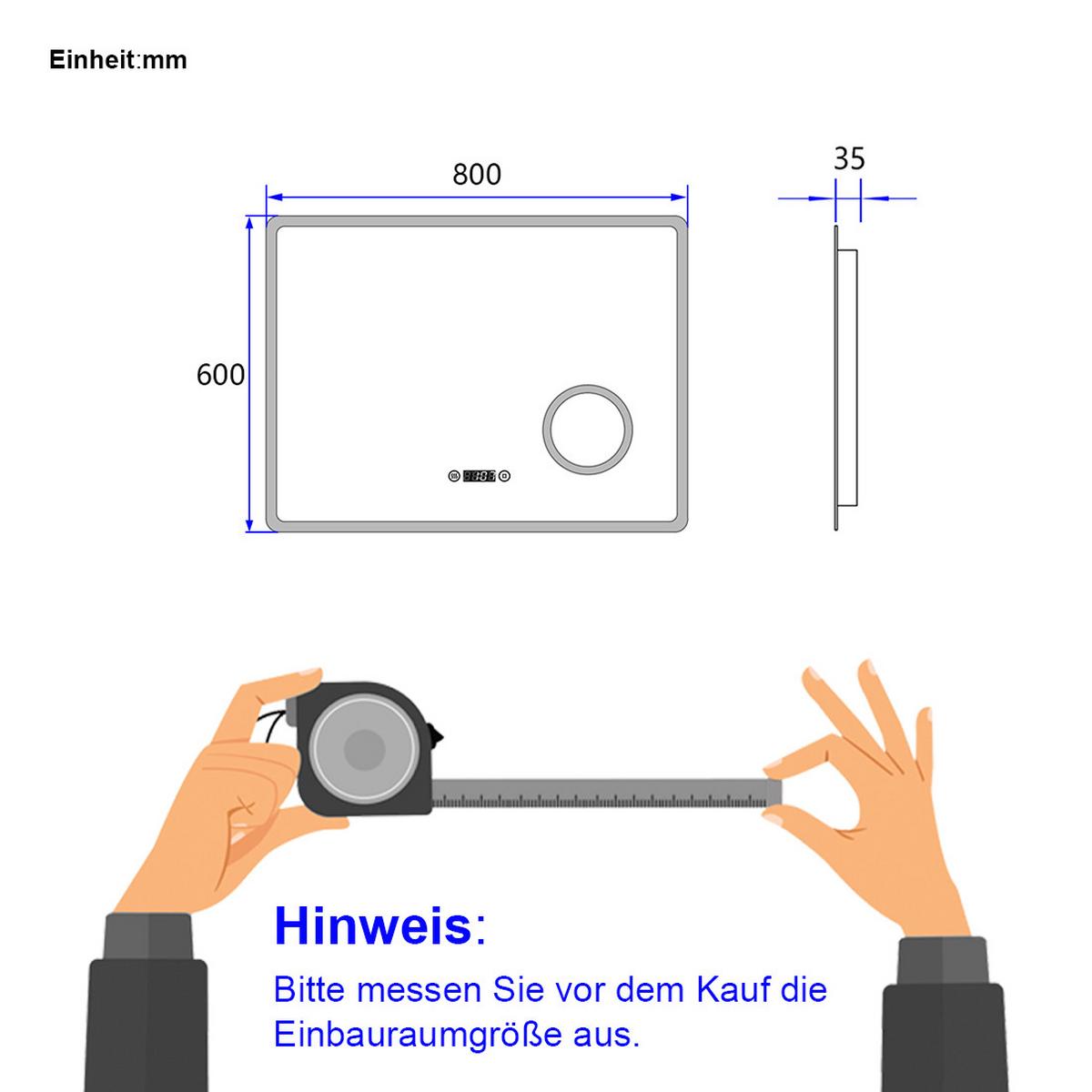 BADSPIEGEL mit Zeitanzeige Beleuchtung mit Integriertem Schminkspiegel 80/60 cm - Transparent, Glas (80/60/3.5cm) - EMKE