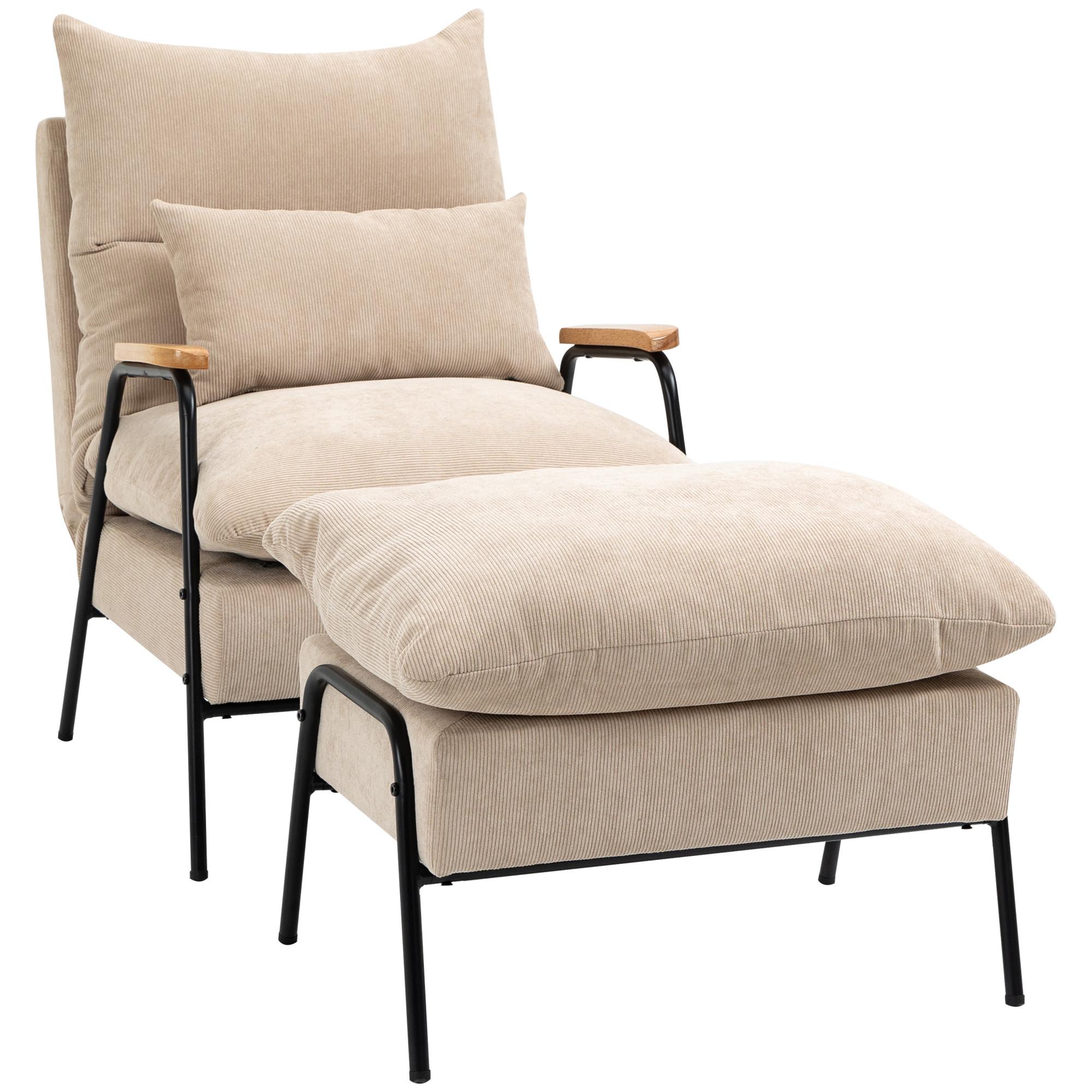 RELAXSESSEL mit Hocker Sessel mit Verstellbar Rückenlehne, Kissen für Wohnzimmer - Beige, Kunststoff (68/88/91.5cm) - HOMCOM