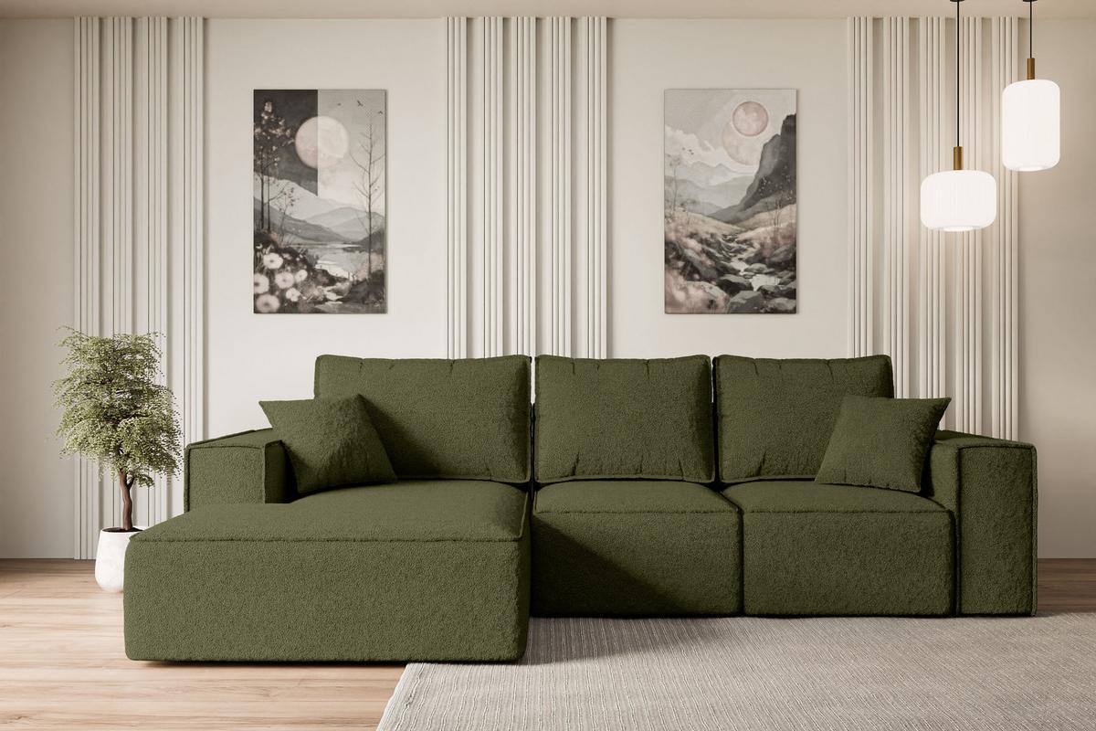 ECKSOFA mit Schlaffunktion und Bettkasten SERRA-L-S - 266x161x87 cm Grün Bouclé - Schwarz/Grün, Holzwerkstoff/Kunststoff (266/161cm) - ALTDECOR