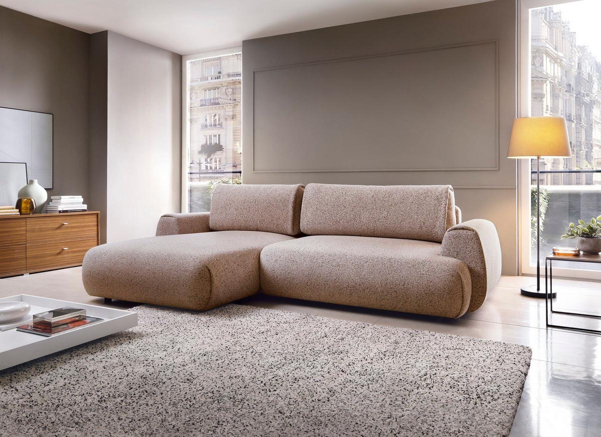 ECKSOFA ZEST Rosa Geflochtener Stoff mit Schlaffunktion - Rosa, Holz (270/167cm) - MASSENO