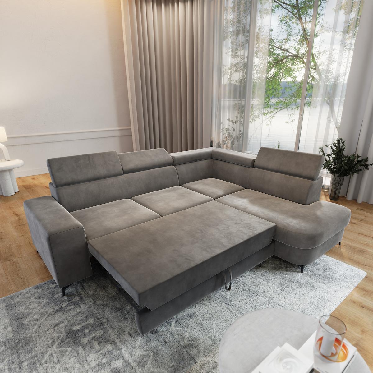 ECKSOFA ALVORO R-S Grau Velours-Stoff mit Schlaffunktion - Grau, Holz (253/190cm) - MASSENO