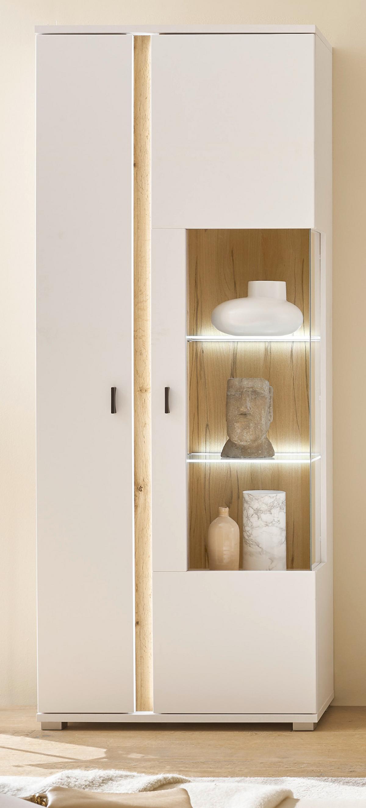 VITRINE weiß matt, Eiche Wotan 80 x 200 cm, Vitrinenschrank inklusive Frontbeleuchtung - Eiche Wotan/Silberfarben, Glas/Holzwerkstoff (80/200/35cm) - Furn.Design