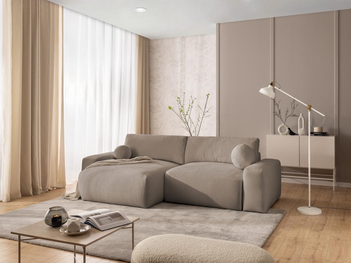 ECKSOFA Puffy mit Schlaffunktion und Bettkasten - besonders weich und puffig aus Greige Webstoff - Ottomane links - Greige/Schwarz, Holz/Kunststoff (138/266cm) - S-Style Möbel