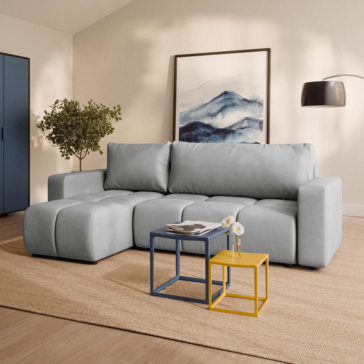 ECKSOFA RAMIL Hellgrau Plüsch-Stoff mit Schlaffunktion - Hellgrau, Holz (240/149cm) - MASSENO
