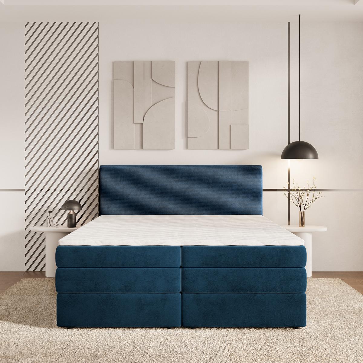 BOXSPRINGBETT MATERN 140x200 cm mit Matratze und Topper - Blau - Blau, Holz (140/200cm) - MASSENO