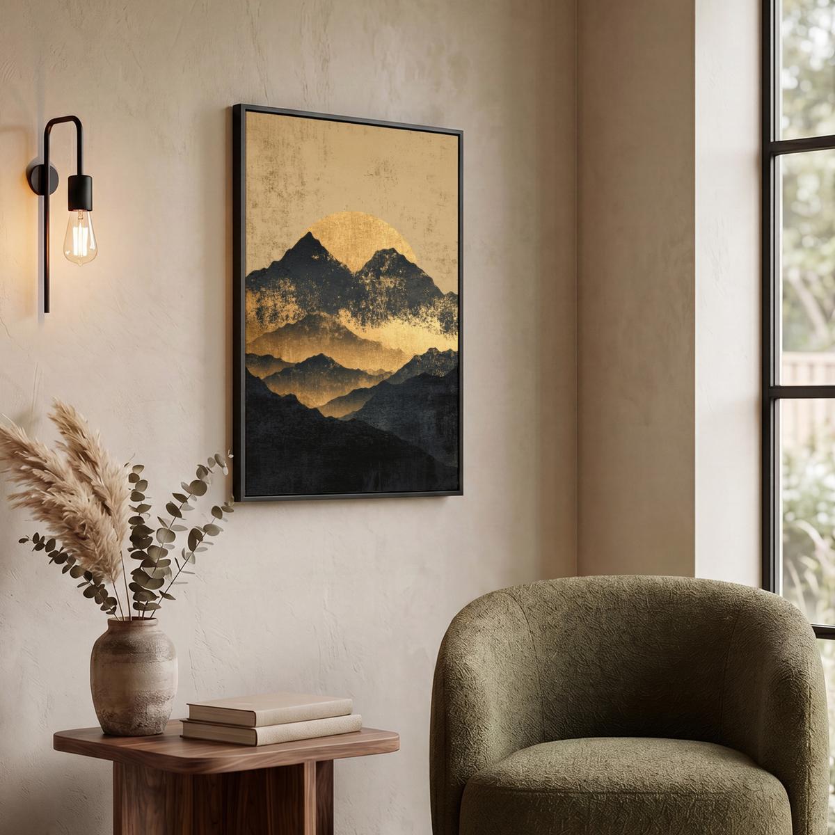 LEINWAND Bilder mit Rahmen - Goldene Berge bei Mondschein - 60x80 - Goldfarben, Textil (60/80cm) - MuchoWow