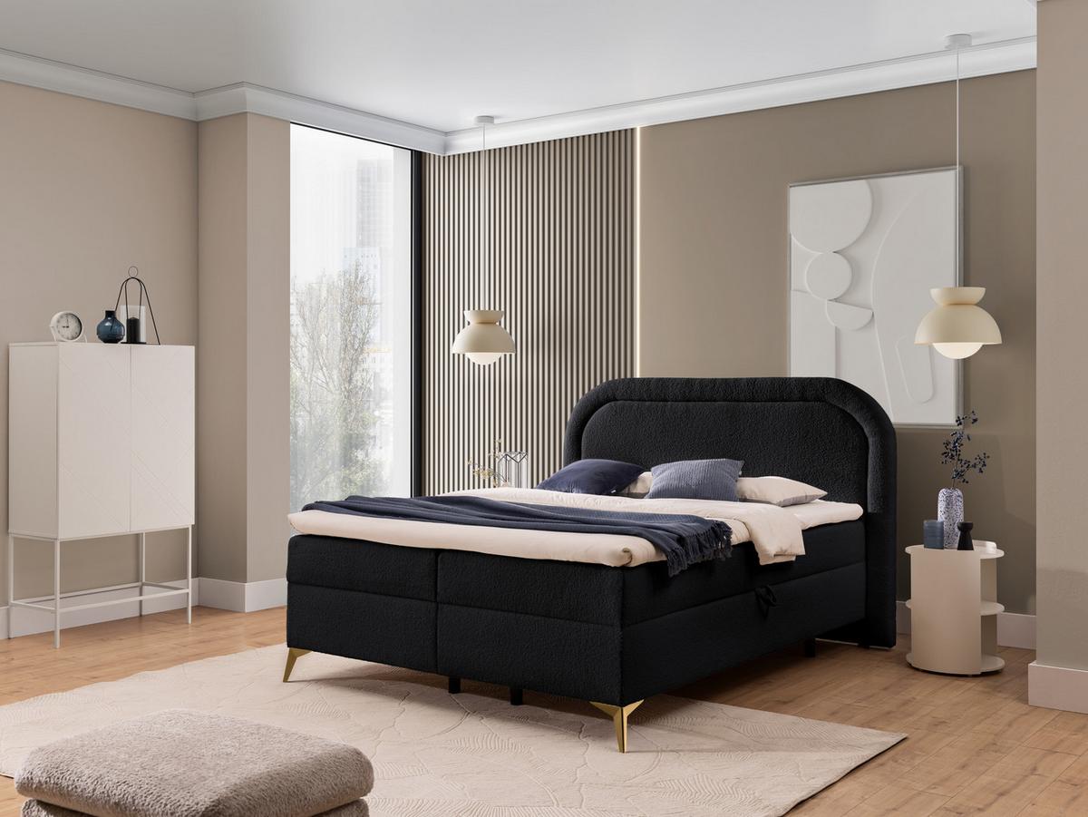 BOXBETT Sonna 160/200 cm Schwarz Bouclé-Stoff mit abgerundetem Kopfteil und mit goldenen Metallfüßen - Goldfarben/Schwarz, Holz/Textil (160/200cm) - S-Style Möbel