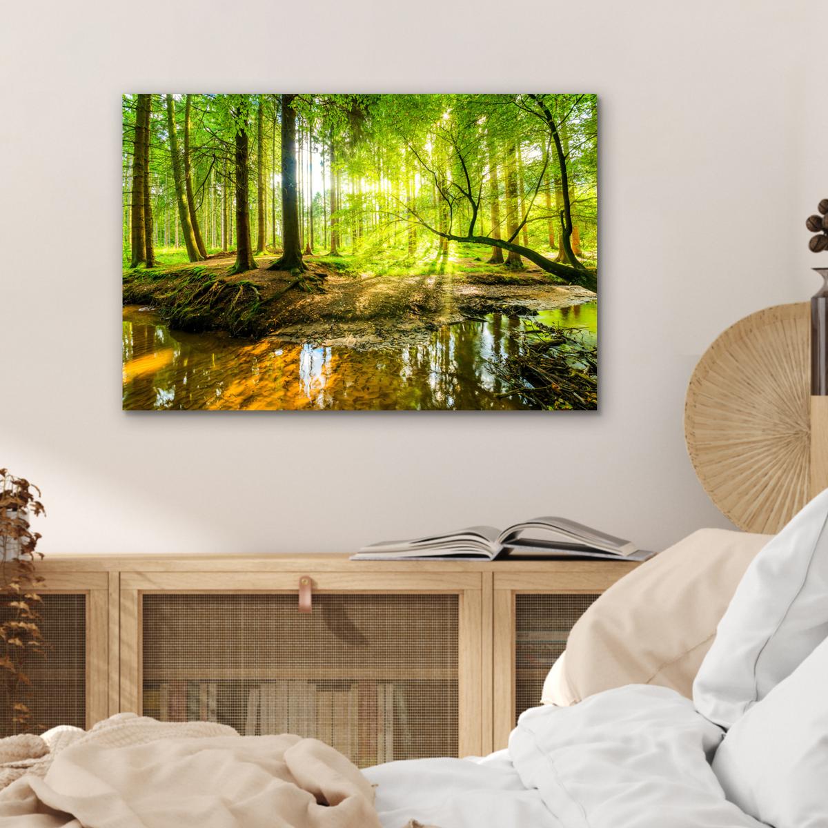 METALLBILD Wald - Landschaft - Wasser - Bäume - Sonne - Grün - Natur Wandbild 60x40 cm - Grün, Metall (60/40cm) - MuchoWow