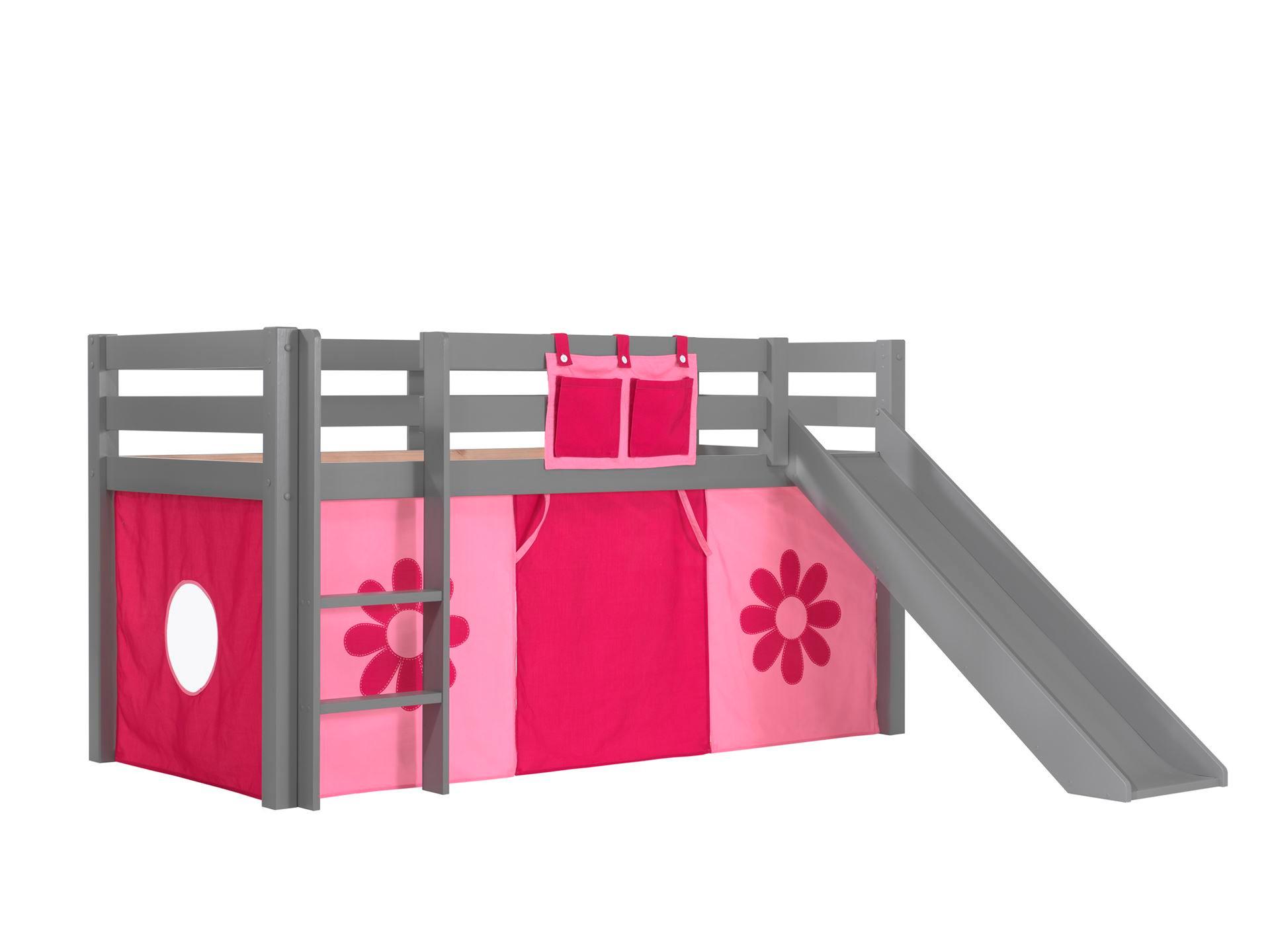 HOCHBETT mit Rutsche Karolina Massivholz Grau Textilset Flower - Pink/Grau, Holz (90/200cm) - 58aufmkessel