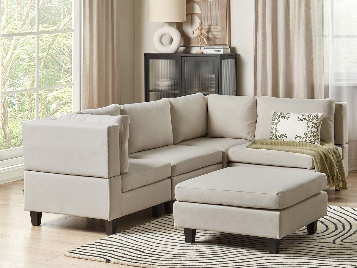 4-SITZER-ECKSOFA Leinenoptik hellbeige rechtsseitig mit Ottomane Fevik - Beige/Schwarz, Textil (228/72/152cm) - Beliani