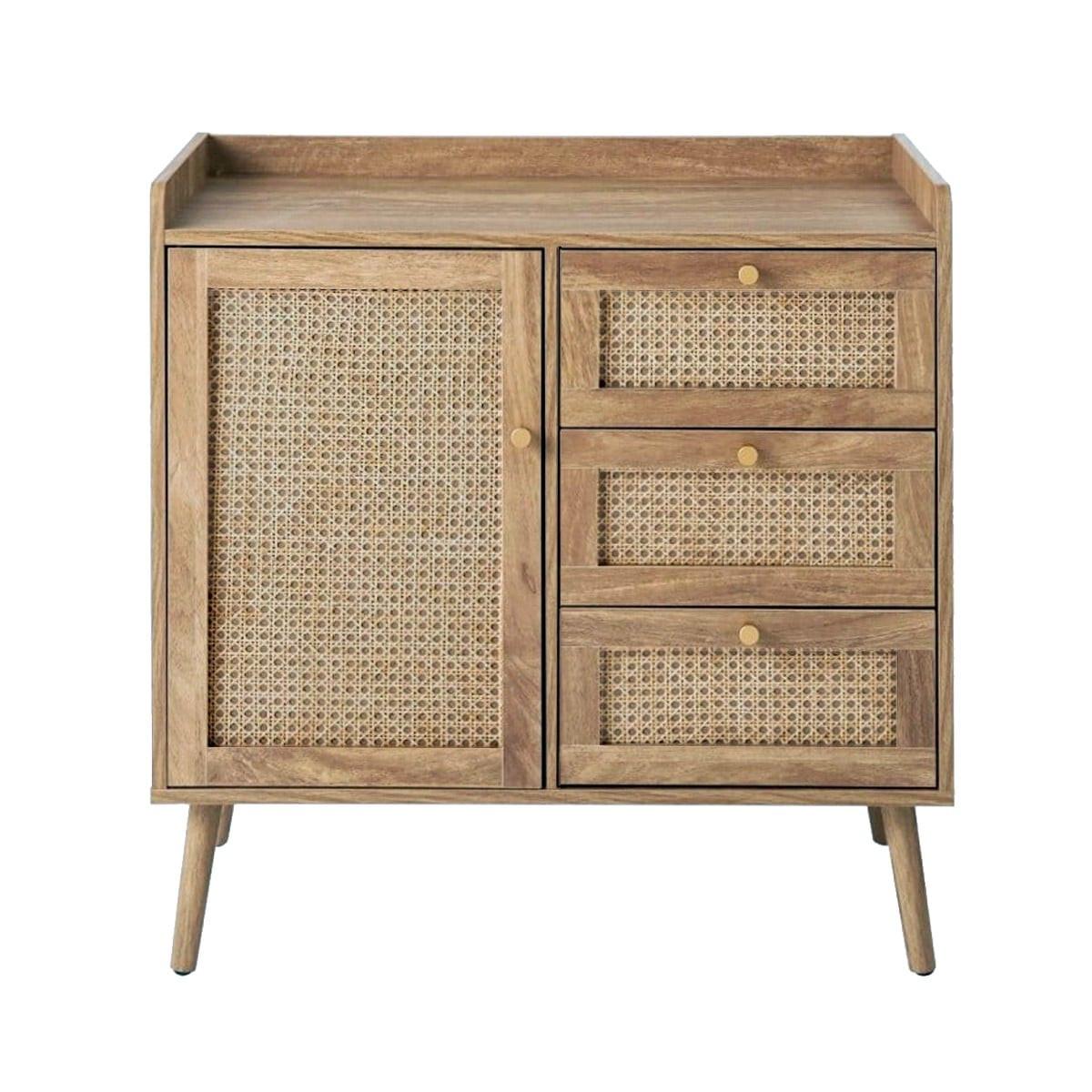 KOMMODE mit 1 Tür und 3 SchubladenRattanfronten und Holzfüßen 39/79,5/80 cm - Eschefarben, Holzwerkstoff (80/79.5/47cm) - Calicosy
