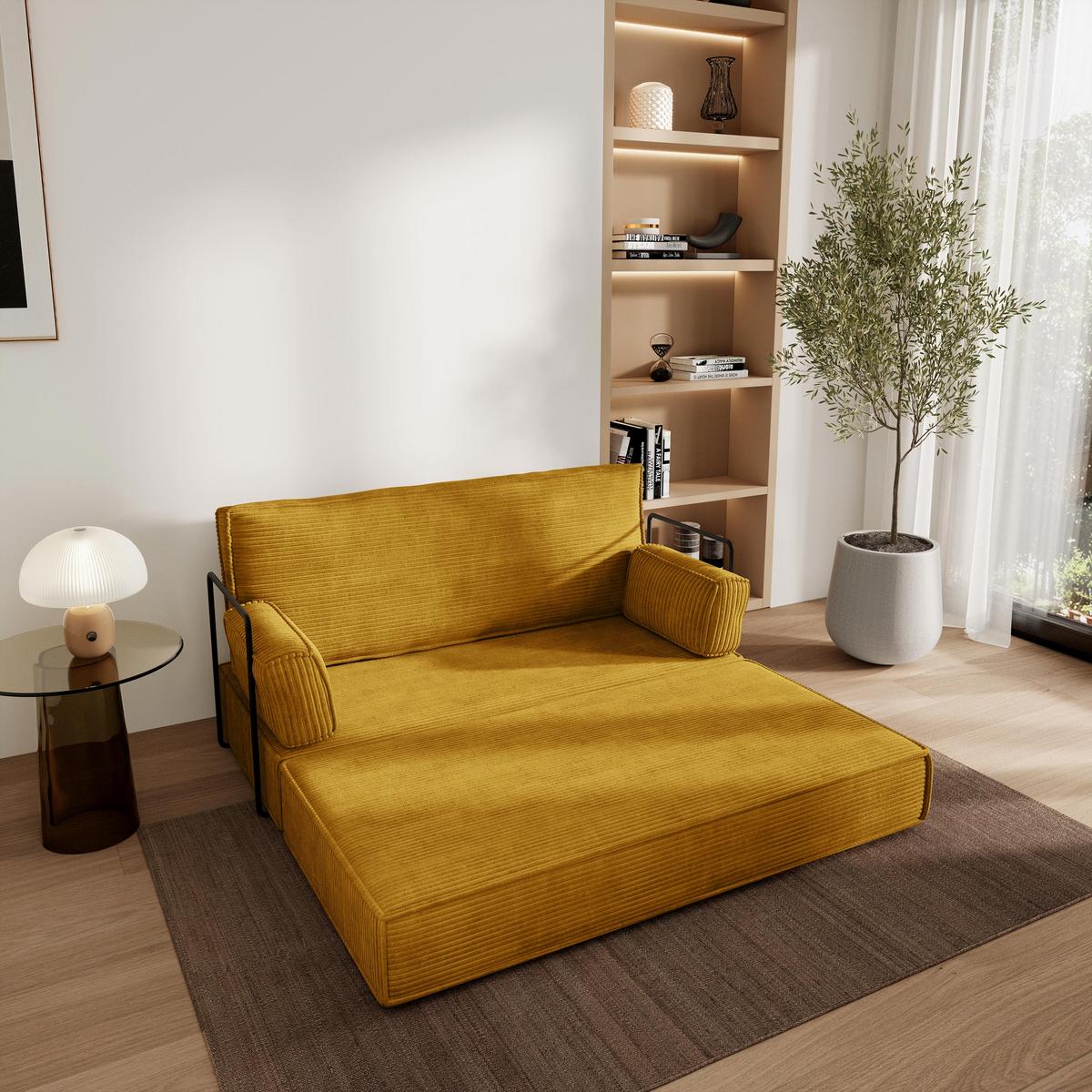 BETTSOFA LADIA aus Schaumstoff Kordstoff Gelb Schlaffunktion - Gelb, Textil (140/86/60cm) - MASSENO