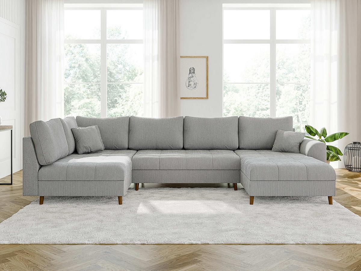 WOHNLANDSCHAFT Alma Hellgrau Cord - Ottomane rechts - Hellgrau/Braun, Holz/Textil (310/81/161cm) - S-Style Möbel