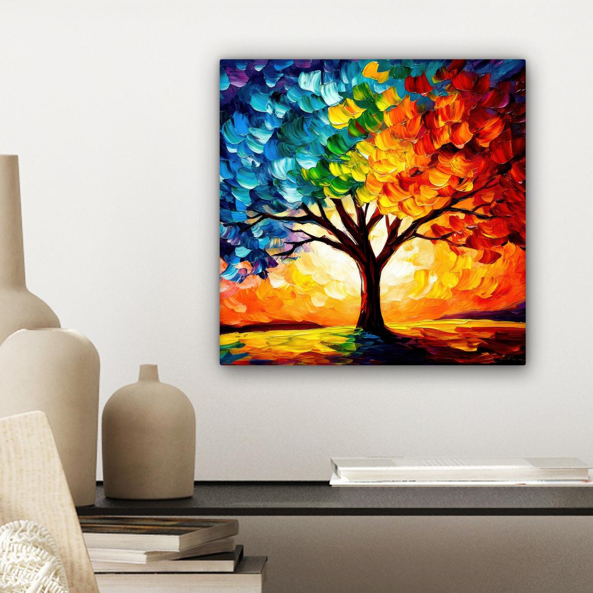 LEINWANDBILD Baum - Kunst - Natur - Sonnenuntergang Deko Wohnzimmer 20x20 cm - Multicolor, Textil (20/20cm) - MuchoWow