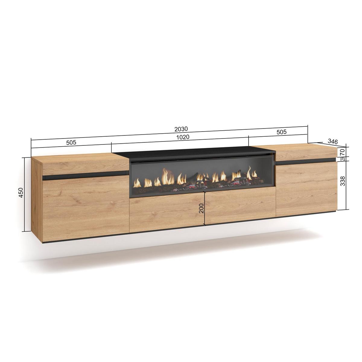 LOWBOARD mit Elektrokamin, Hängend, Eiche, Schwarz, 200/35/45cm - Eichefarben/Naturfarben, Holzwerkstoff (200/45/35cm) - Skraut Home