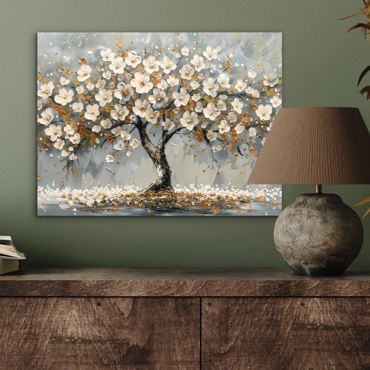 METALLBILD Baum - Blumen - Weiß - Natur - Kunst 40x30 cm - Weiß, Metall (40/30cm) - MuchoWow
