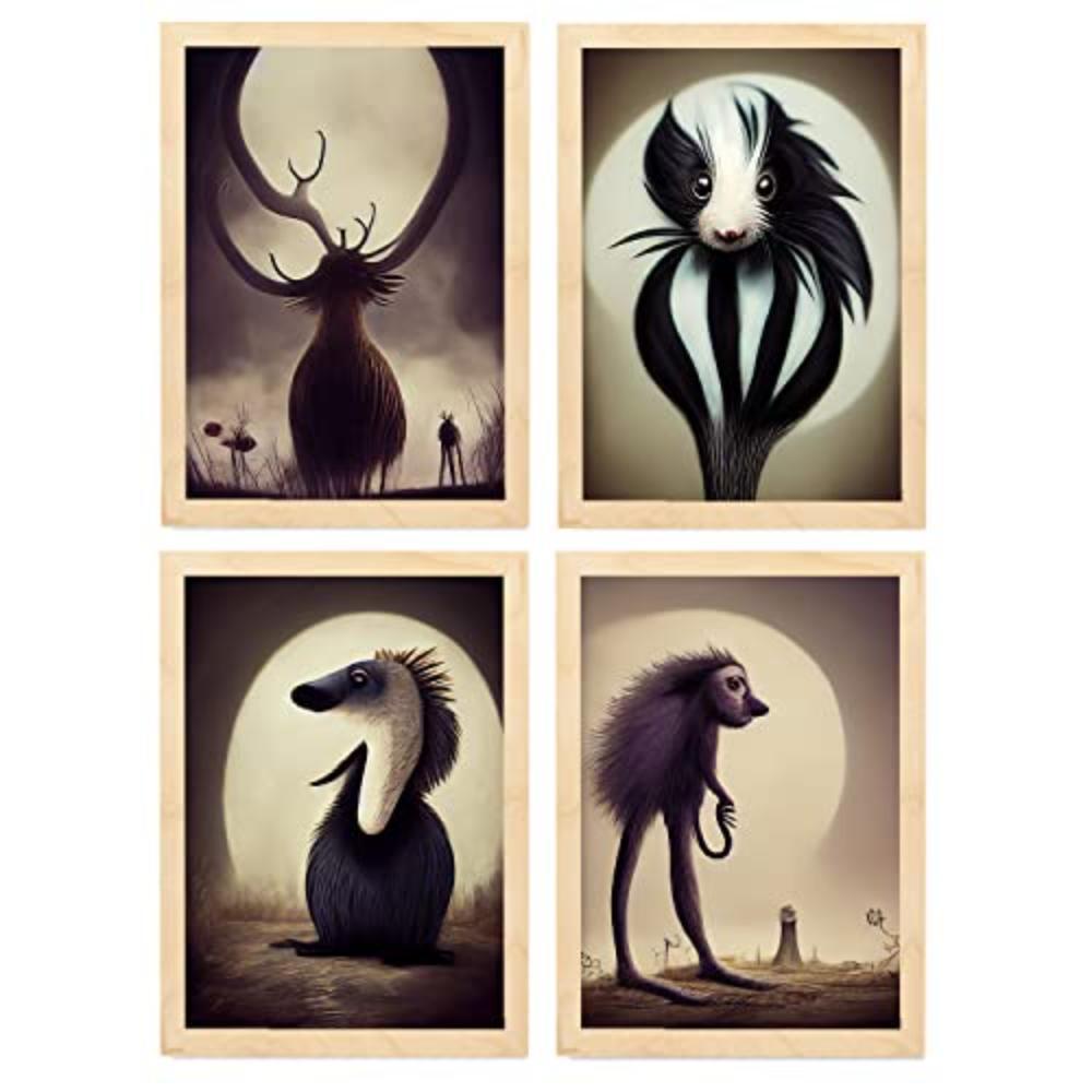 POSTER Set mit 4 Tier Braun im T Burton Goth Stil A3 Rahmen aus hellem Holz - Beige, Papier (29.7/3cm) - Nacnic