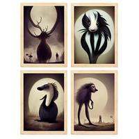 POSTER Set mit 4 Tier Braun im T Burton Goth Stil A3 Rahmen aus hellem Holz - Beige, Papier (29.7/3cm) - Nacnic