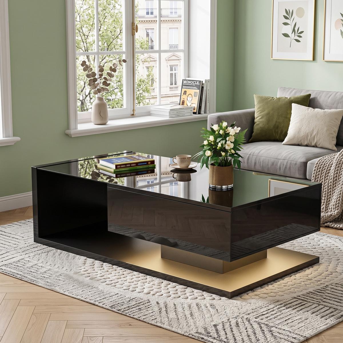 COUCHTISCH Hochglanz Schwarz mit Glas, LED-Beleuchtung & Stauraum - Schwarz, Holzwerkstoff (55/105/32.5cm) - Urban Meuble
