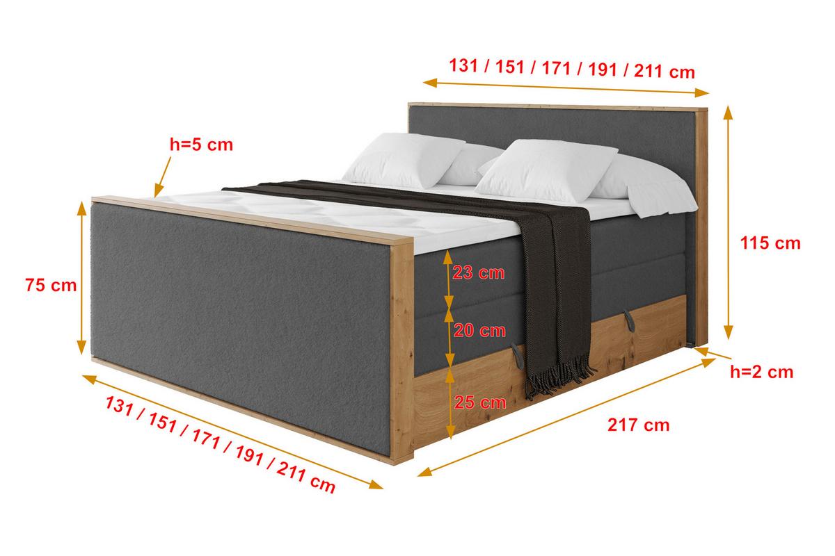 BOXSPRINGBETT LOLLI9 -Z-KING 140x200 - H3/H4 Dunkelgrau - Graphitfarben, Holzwerkstoff (140/200cm) - ALTDECOR