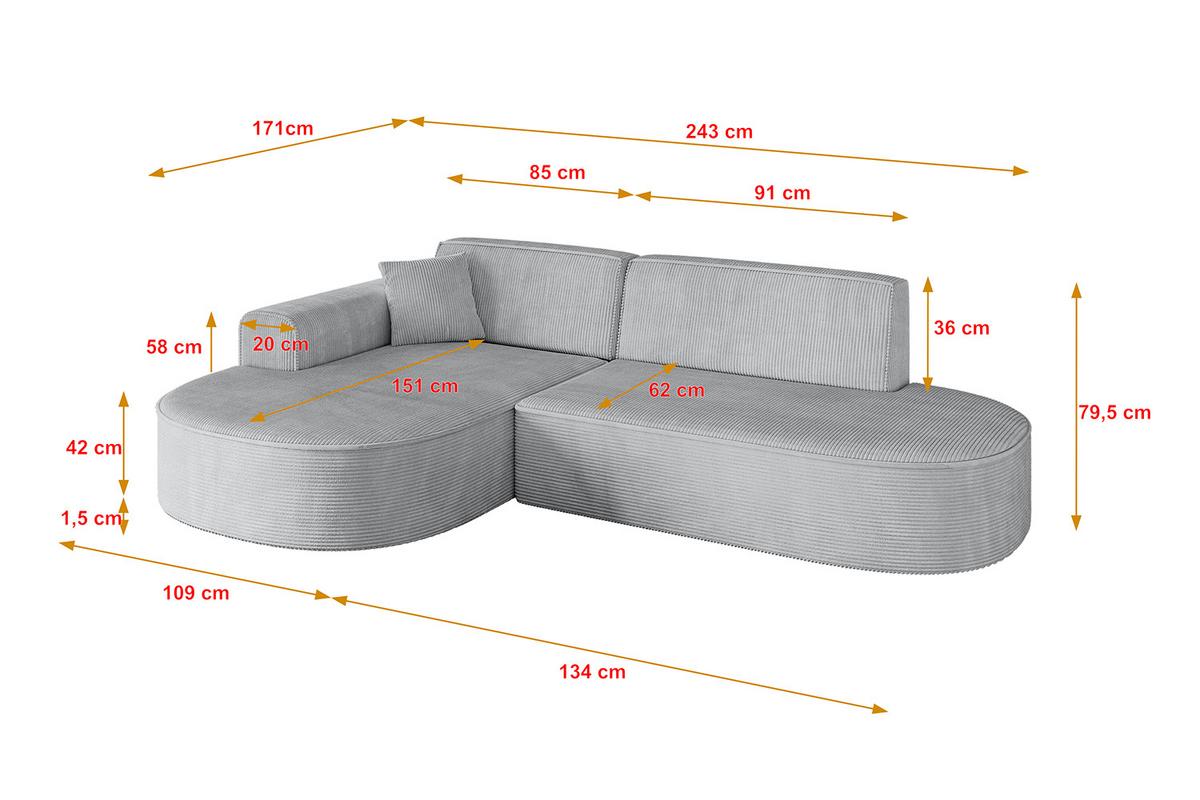 ECKSOFA Ottomane Links MARI-L1 - 243x171x79 cm Grau Cord - Schwarz/Grau, Holzwerkstoff/Kunststoff (163/234cm) - ALTDECOR