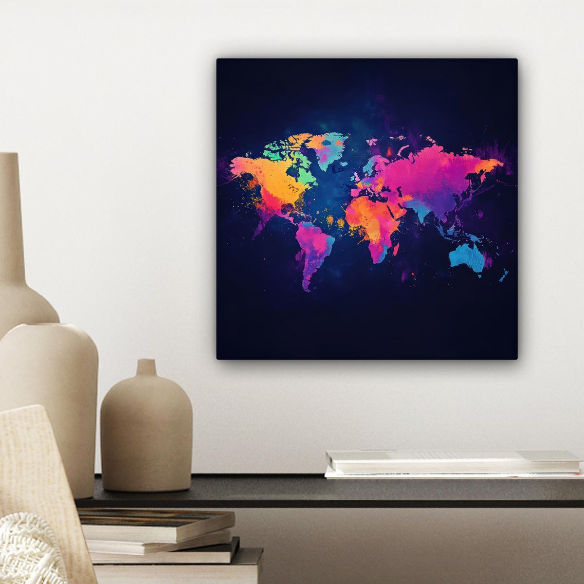 LEINWANDBILD Weltkarte - Bunt - Graffiti Deko Wohnzimmer 20x20 cm - Multicolor, Textil (20/20cm) - MuchoWow