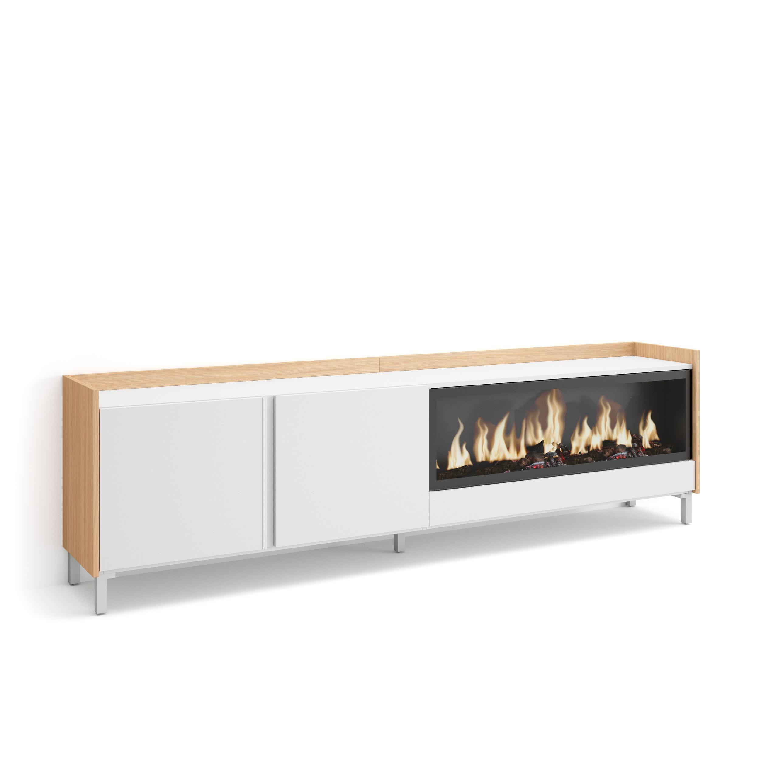 LOWBOARD, Weiß und Eiche, 212/35/61cm, Kamin mit Feuereffekt XXL - Weiß, Holzwerkstoff (212/61/35cm) - Skraut Home