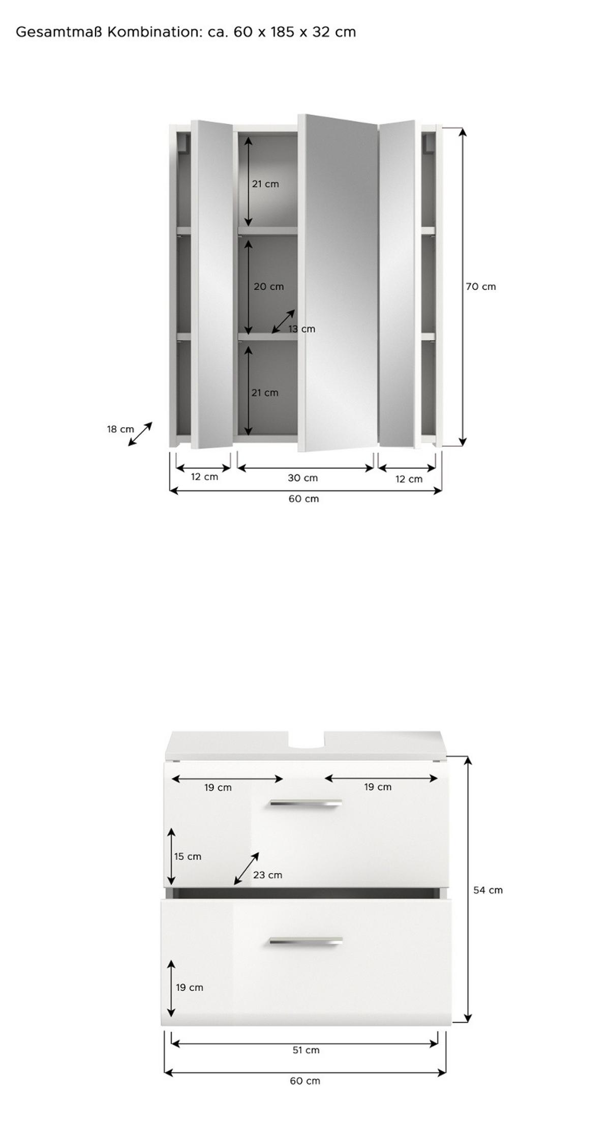 BADMÖBEL-SET weiß Hochglanz, Badkombination 2-teilig 60 cm - Weiß Hochglanz/Silberfarben, Glas/Holzwerkstoff (60/185/30cm) - Inn.Furn