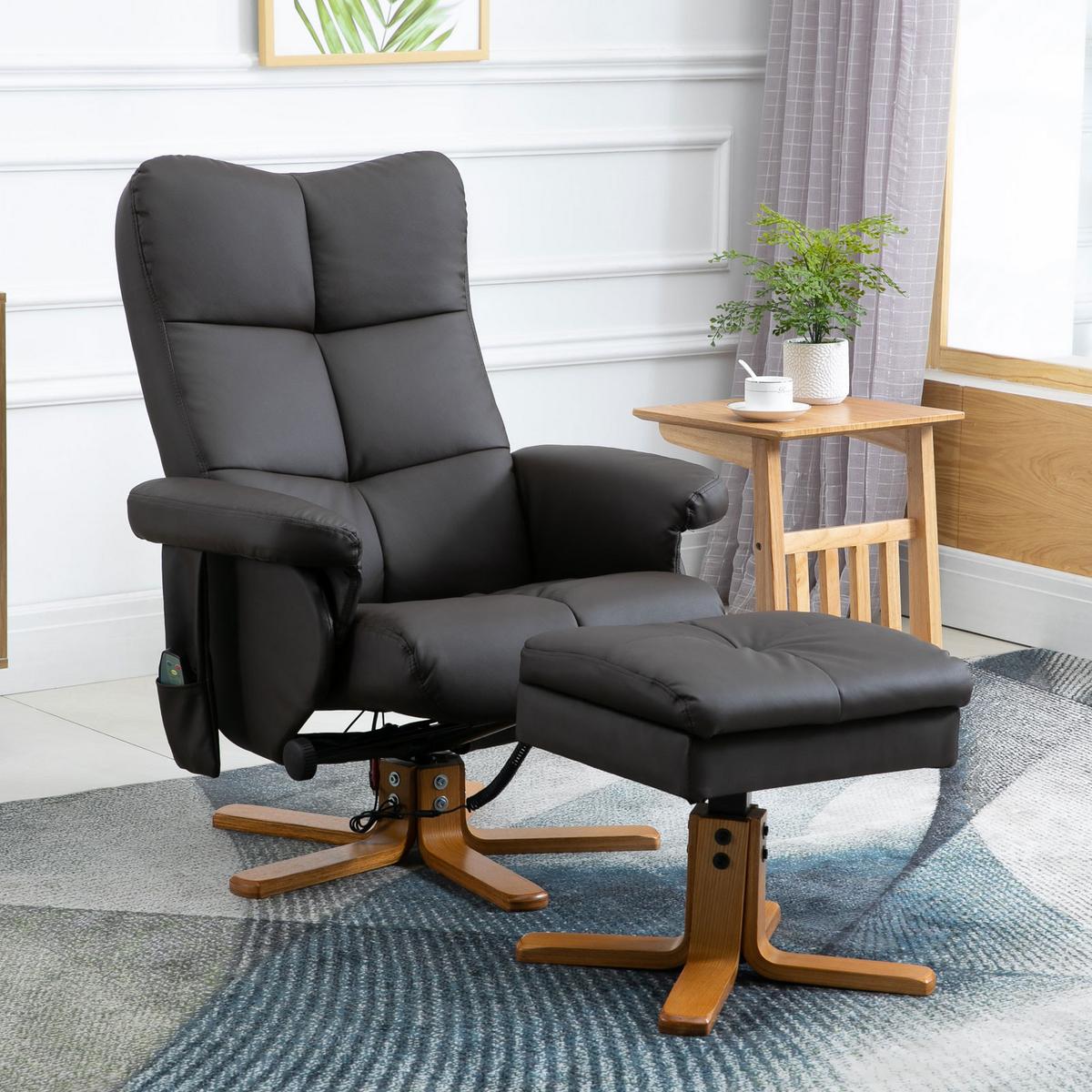 RELAXSESSEL mit Liegefunktion Massagesessel mit Fußhocker Polyester Braun - Braun/Mokka, Leder/Holz (86/99/80cm) - HOMCOM