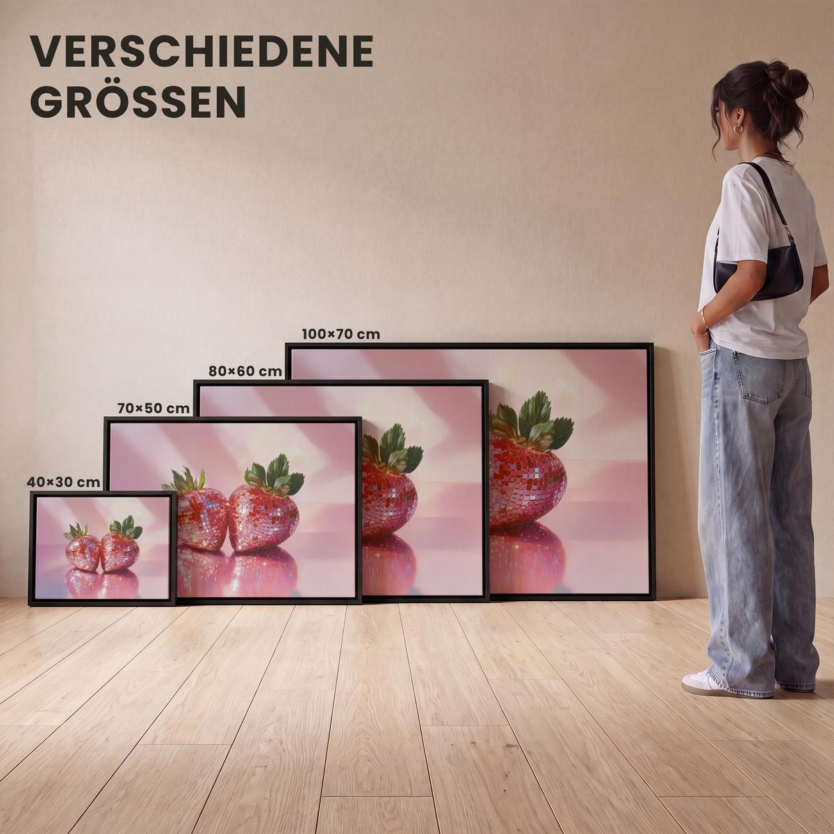 LEINWAND Bilder mit Rahmen - Disco - Obst - Glitzer - Erdbeere - 40x30 - Pink, Textil (40/30cm) - MuchoWow