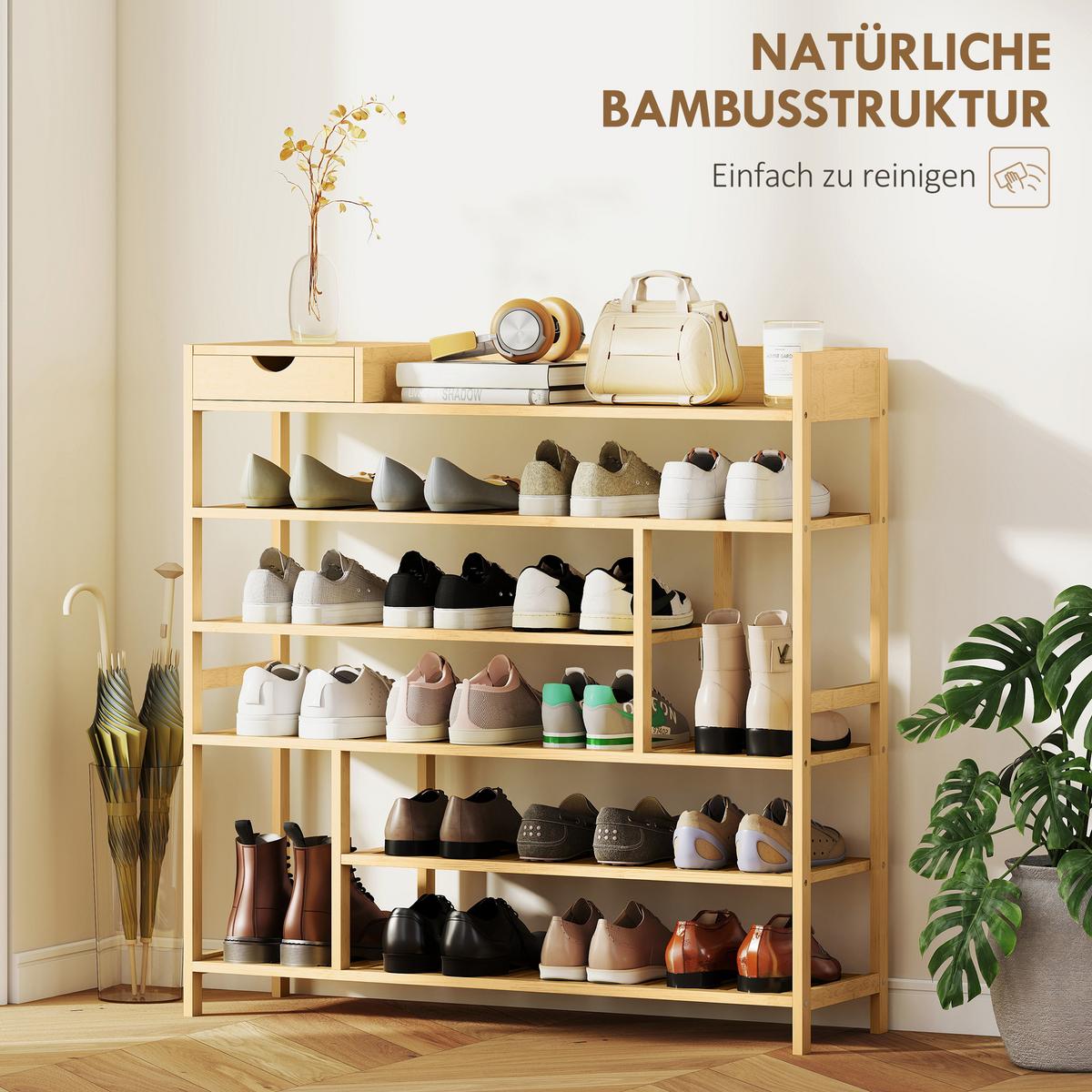 SCHUHREGAL, Schuhständer mit 6 Ebenen, Schublade für max. 18 Paar, Bambus - Naturfarben, Holz/Bambusholz (30/100/101cm) - HOMCOM