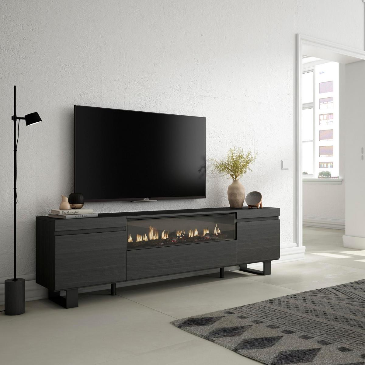 LOWBOARD mit Elektrokamin, Schwarz, 200/35/57cm - Anthrazit, Holzwerkstoff (200/57/35cm) - Skraut Home