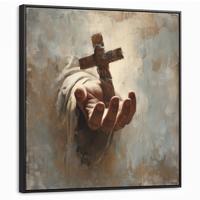 LEINWAND Bilder mit Rahmen - Abstrakt - Kreuz - Hand - Christentum - 90x90 - Hellbraun, Textil (90/90cm) - MuchoWow
