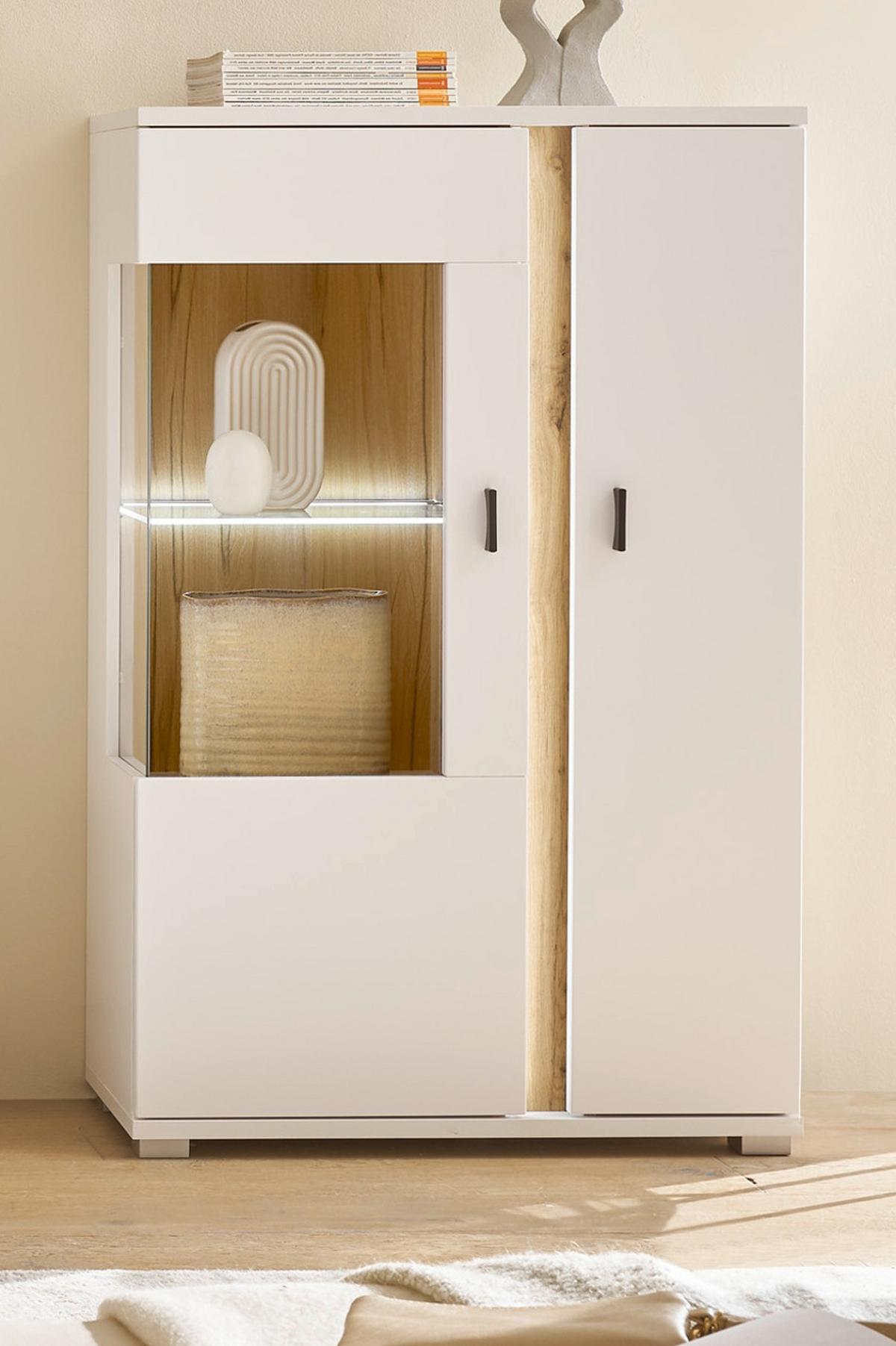VITRINE weiß matt, Eiche Wotan 80 x 125 cm, Highboard inklusive Frontbeleuchtung - Eiche Wotan/Silberfarben, Glas/Holzwerkstoff (80/125/35cm) - Furn.Design