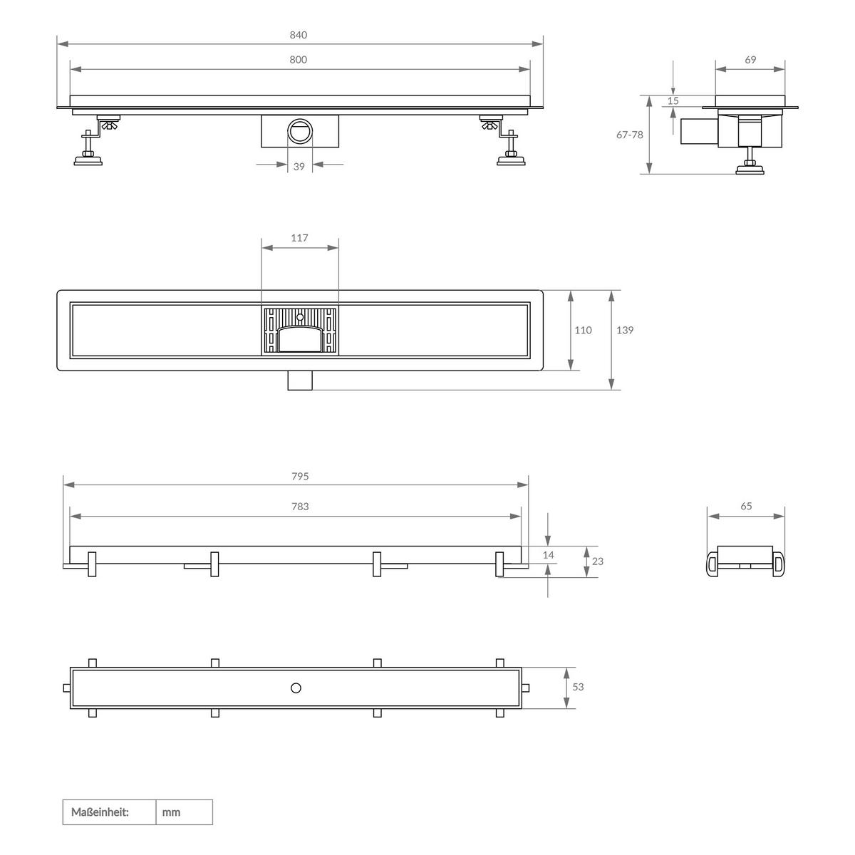 DUSCHRINNE 80cm - Schwarz, Metall (13.9/7.8/84cm) - LuxeBath
