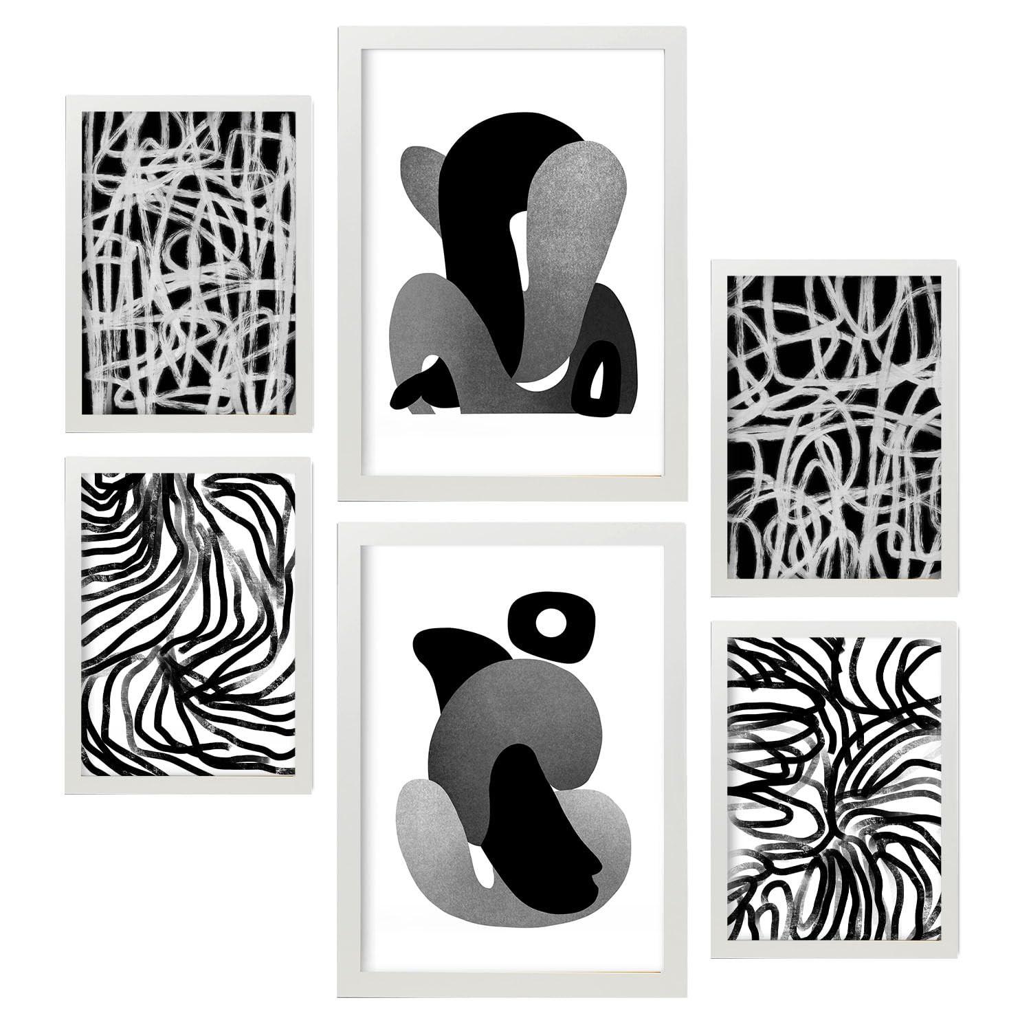 POSTER Set Mit 6 Kaput Handwerk In Liebhaber Abstrakt Ästhetische Dekorative Gemälde Für Ihr Wohnzimmer, Schlafzimmer, Zuhause A3 & A4 Weißer Rahmen - Weiß, Papier (29/3cm) - Nacnic