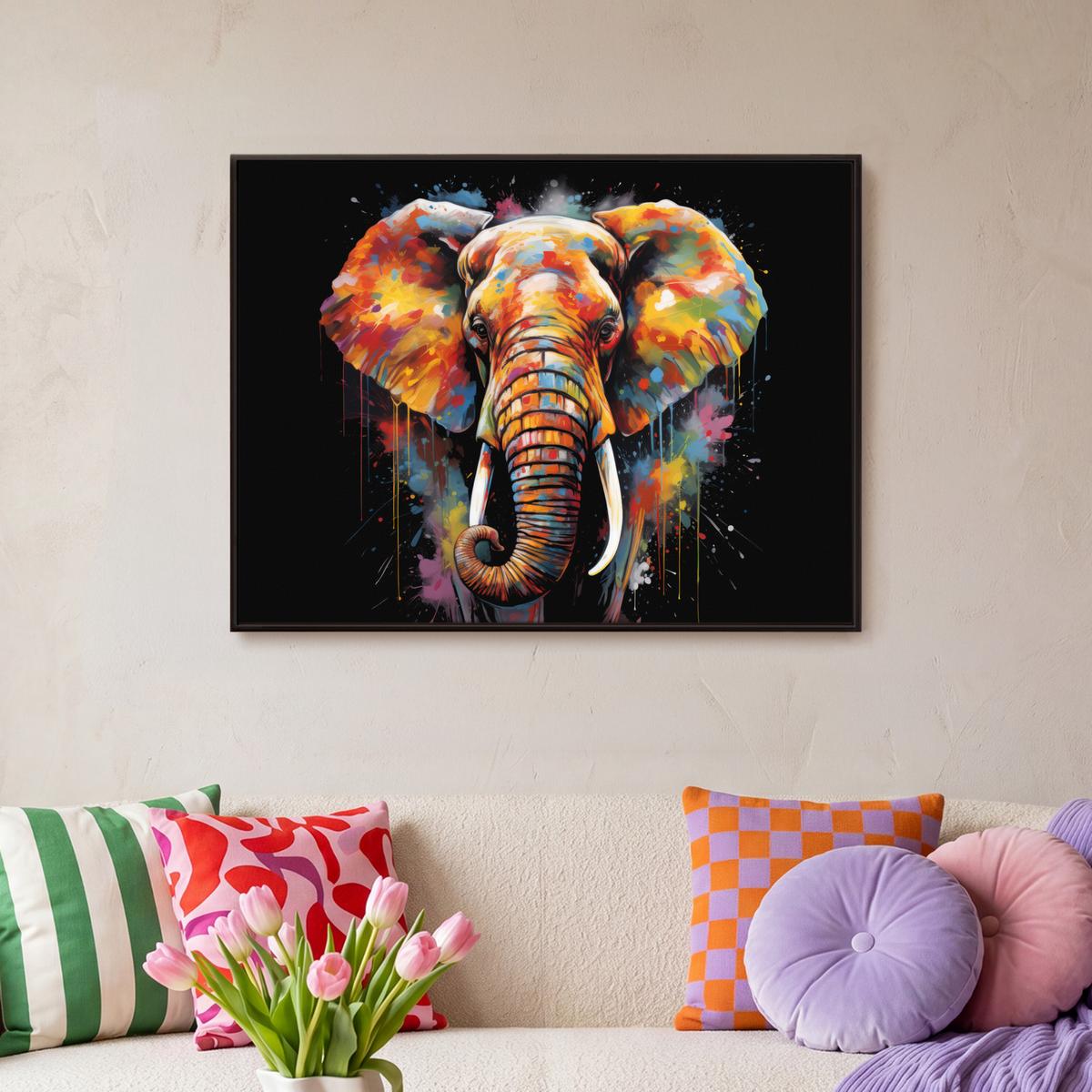 LEINWAND Bilder mit Rahmen - Elefant - Graffiti - Schwarz - Tiere - Farben - 70x50 - Schwarz, Textil (70/50cm) - MuchoWow