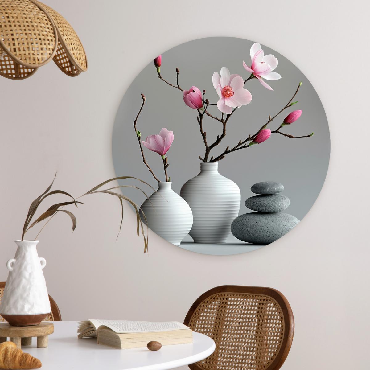 WANDBILD Magnolie - Blumen - Rosa - Zen-Steine Wanddeko Schlafzimmer 60x60 cm - Hellgrau, Kunststoff (60/60cm) - MuchoWow