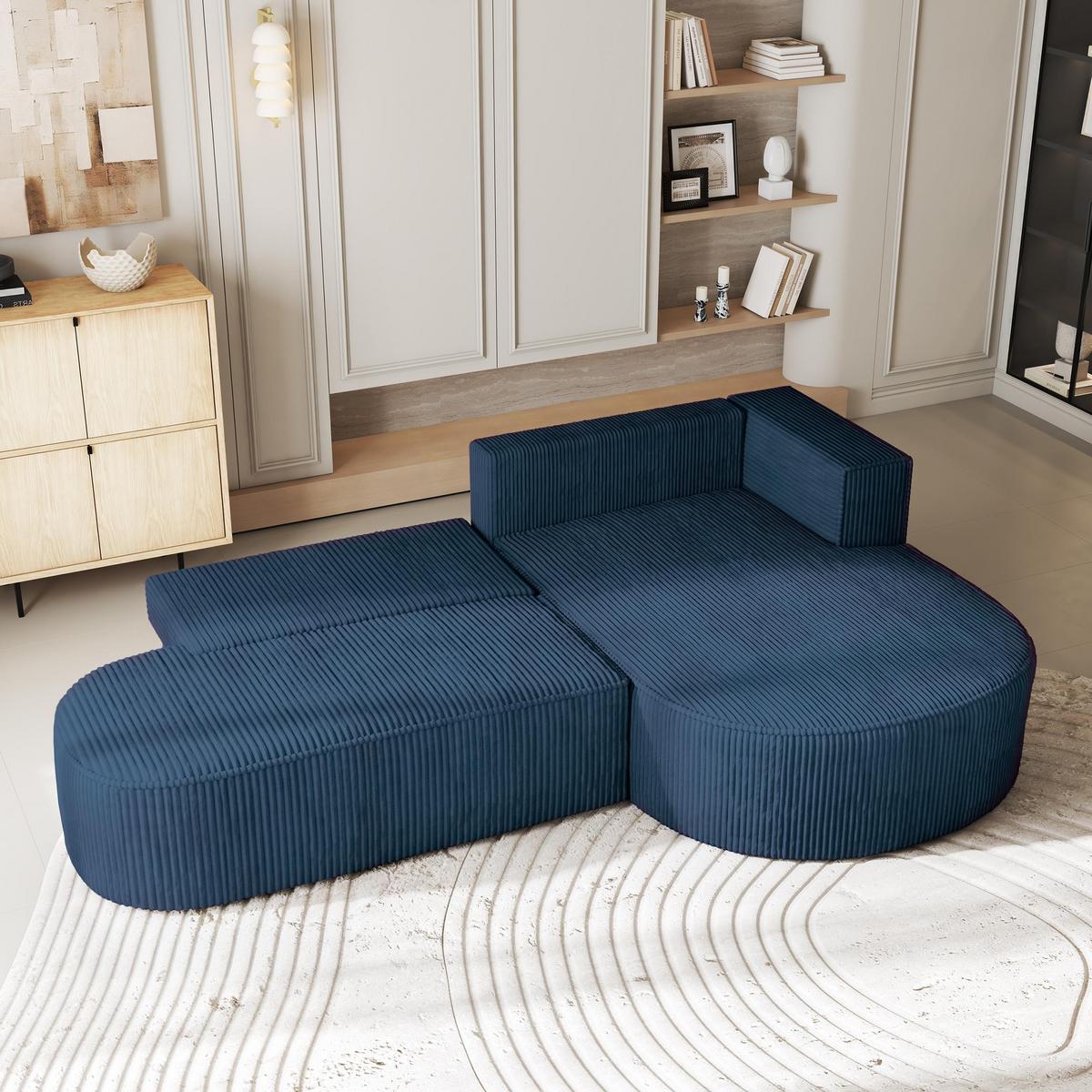 ECKSOFA CORTIO P R-S Blau Kordstoff mit Schlaffunktion - Blau, Holz (265/174cm) - MASSENO