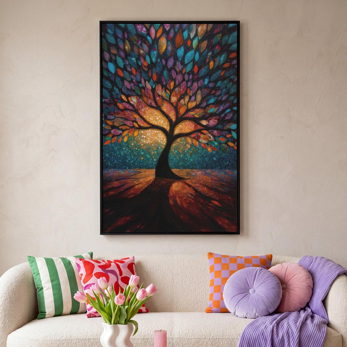 LEINWAND Bilder mit Rahmen - Mosaik - Bunt - Baum - Äste - 100x150 - Multicolor, Textil (100/150cm) - MuchoWow