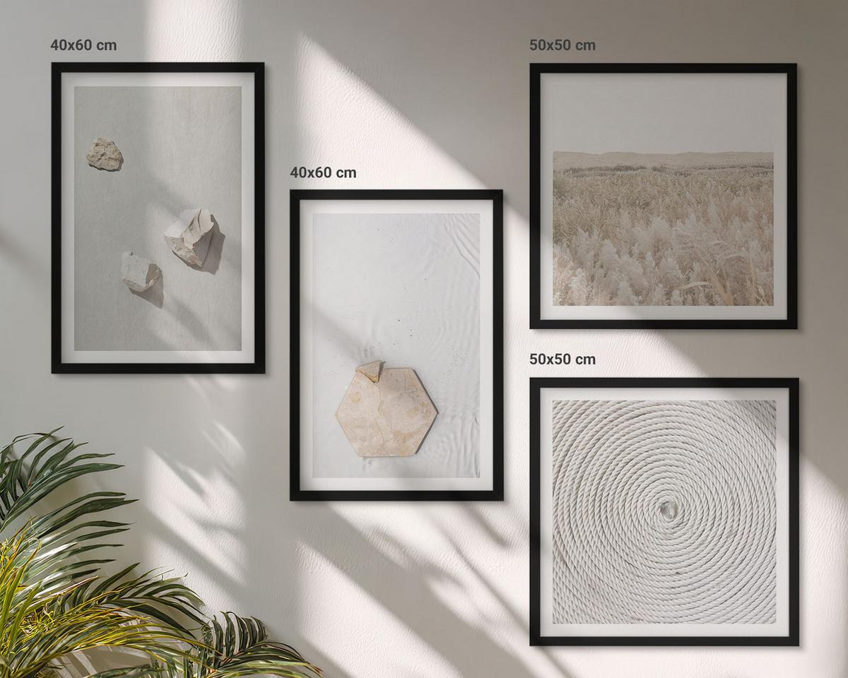 BILDER SET 4er Set - 50x50 cm & 40x60 cm Schwarzer Rahmen - Leichte Boho-Sandtexturen - Schwarz, Kunststoff (50/50cm) - TULUP
