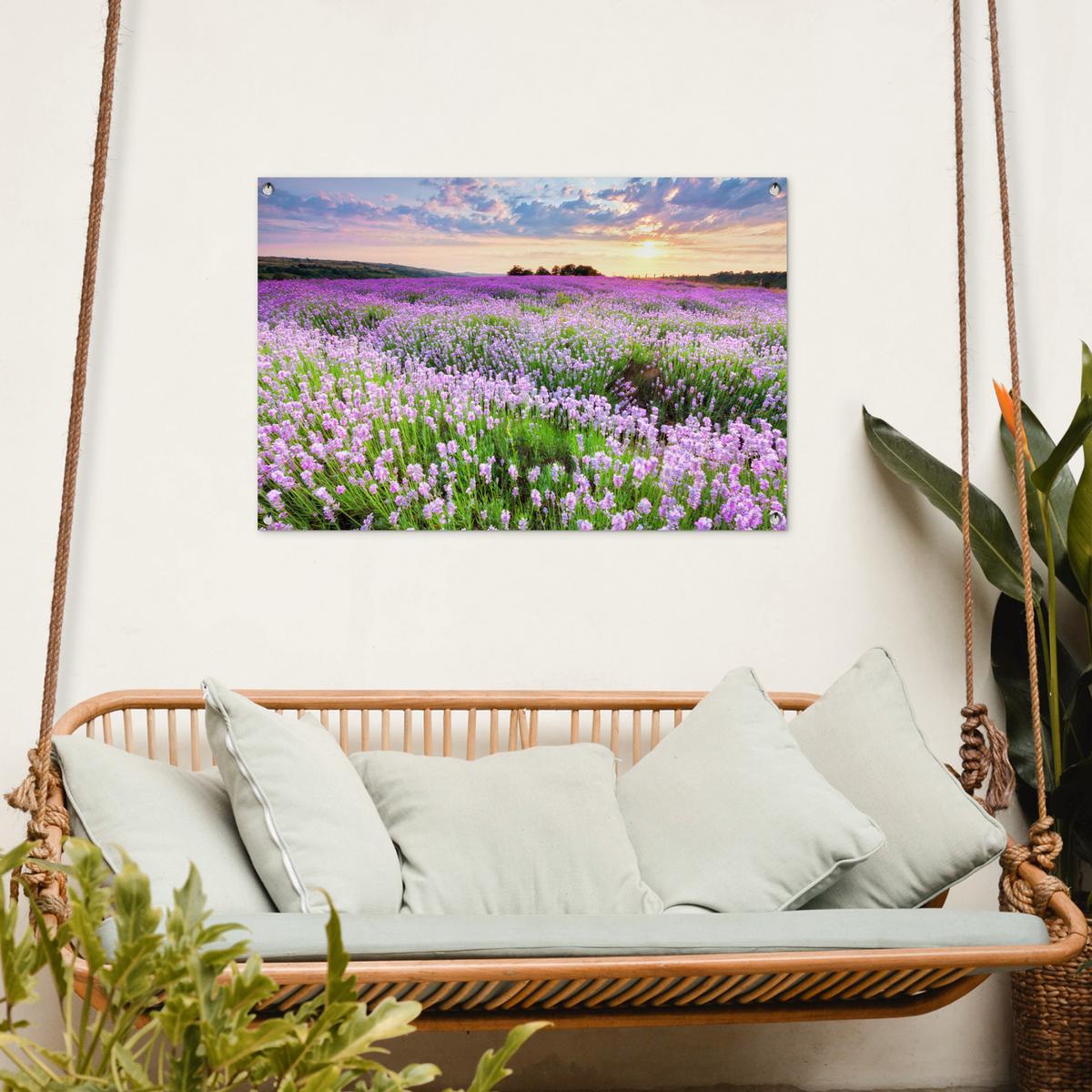 GARTENPOSTER Blumen - Lavendel - Lila - Himmel - Sonnenuntergang - Wiese - Natur Gartendeko 90x60 cm - Flieder, Kunststoff (90/60/0.2cm) - OnlyWow