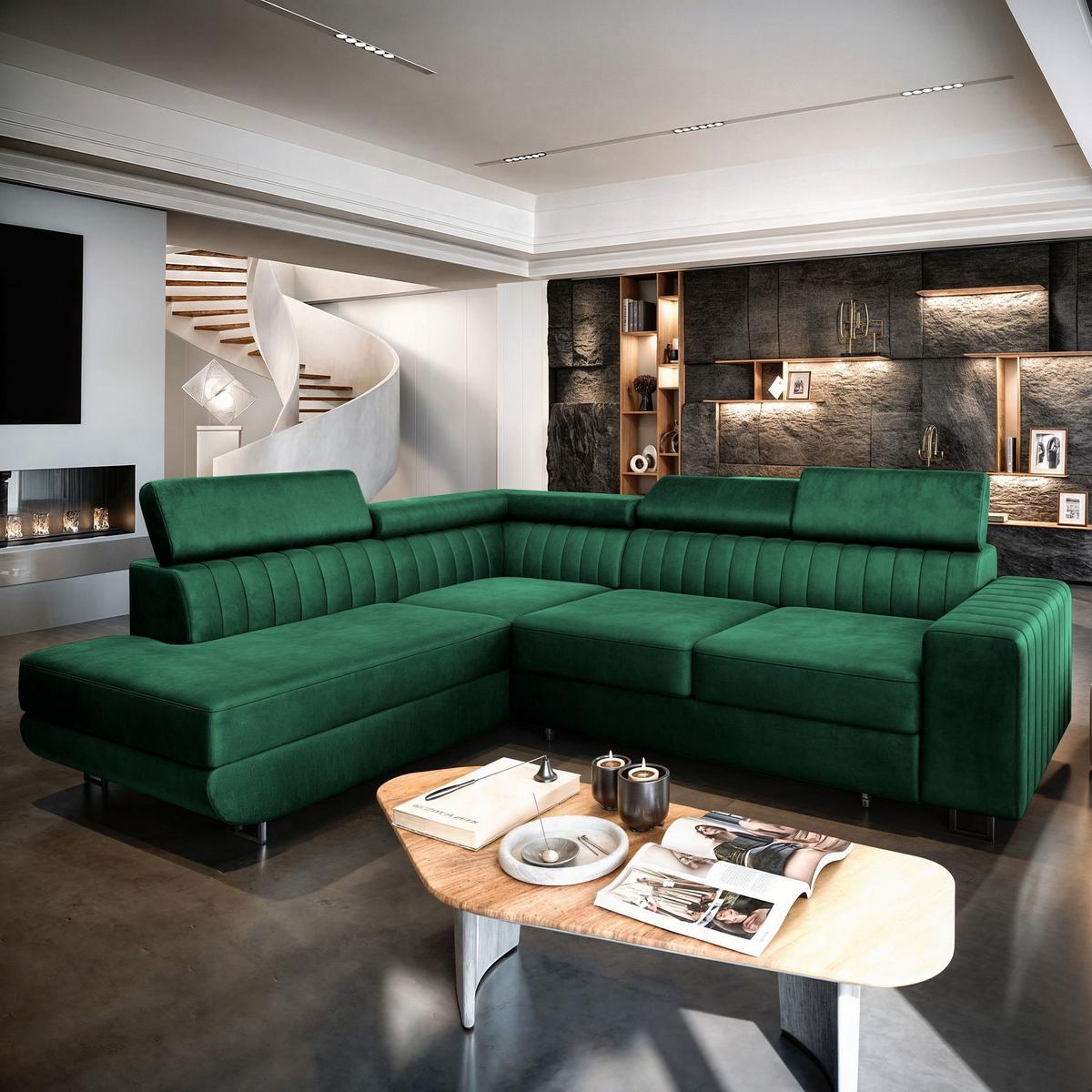 ECKSOFA NOLA L-S Grün Velours-Stoff mit Schlaffunktion - Silberfarben/Grün, Holz/Textil (253/190cm) - MASSENO