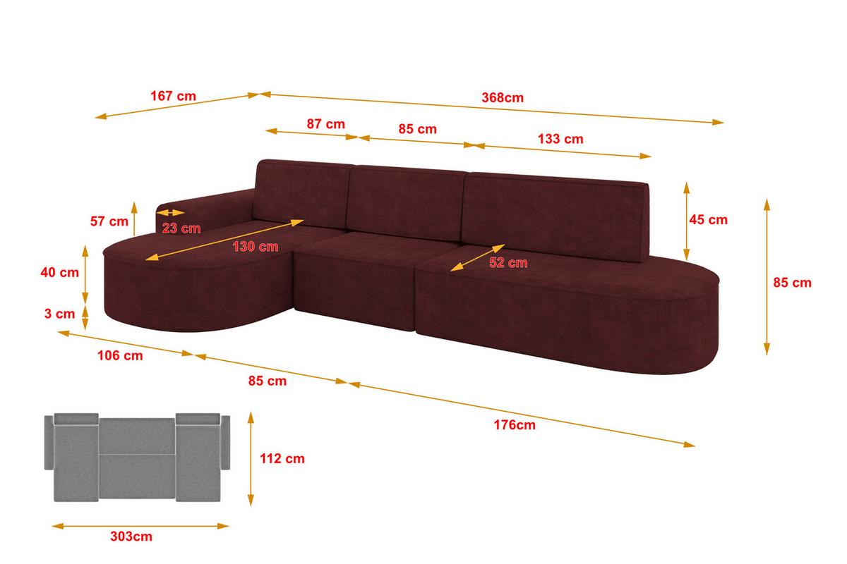 ECKSOFA mit Schlaffunktion Ottomane Links MARI L2-S 368X167X85 Bordeauxrot Velours - Bordeaux/Schwarz, Holzwerkstoff/Kunststoff (368/167cm) - ALTDECOR